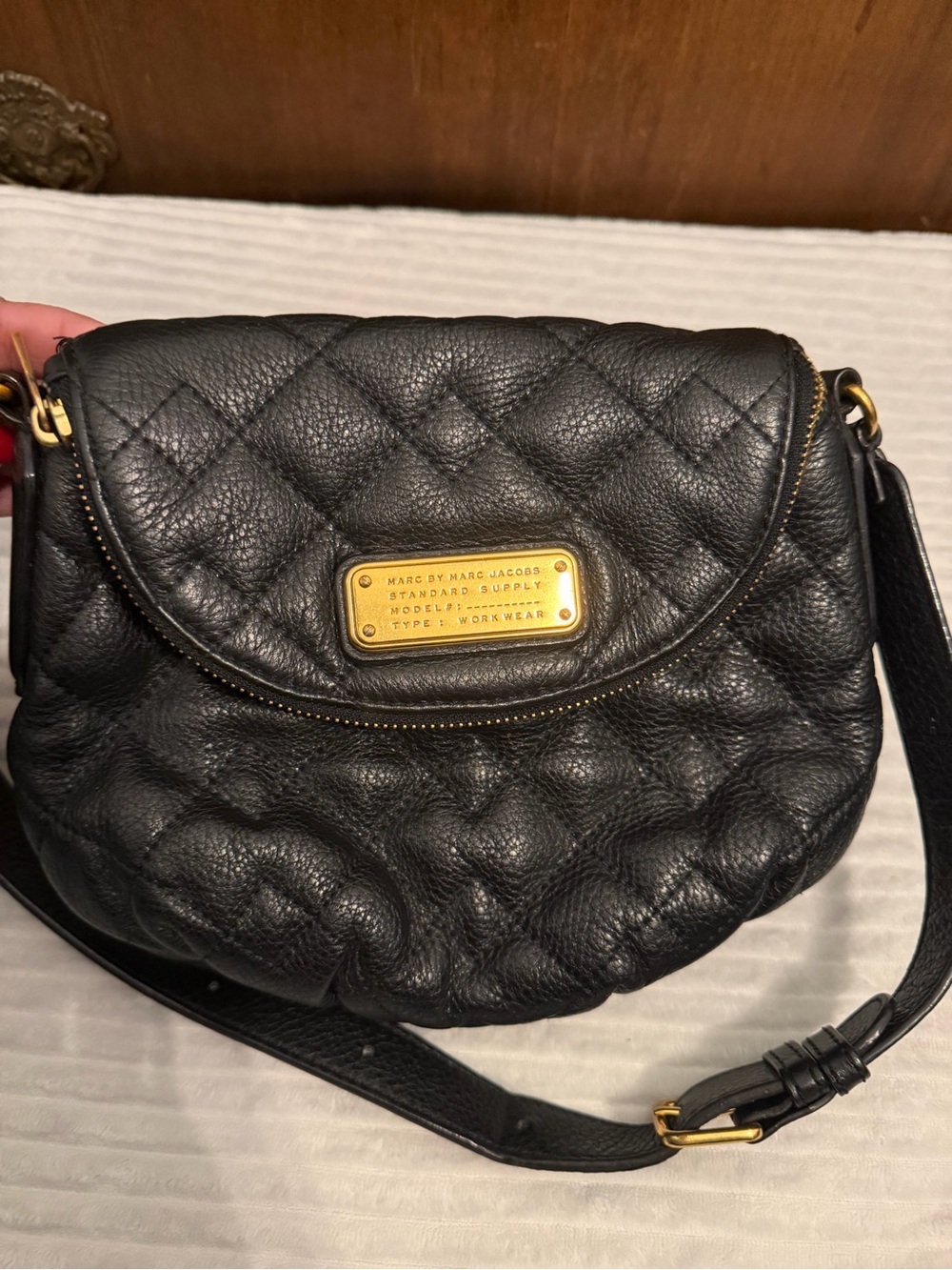Marc by Marc Jacobs Black Quilted Pebbled Leather Crossbody with Gold Plaque